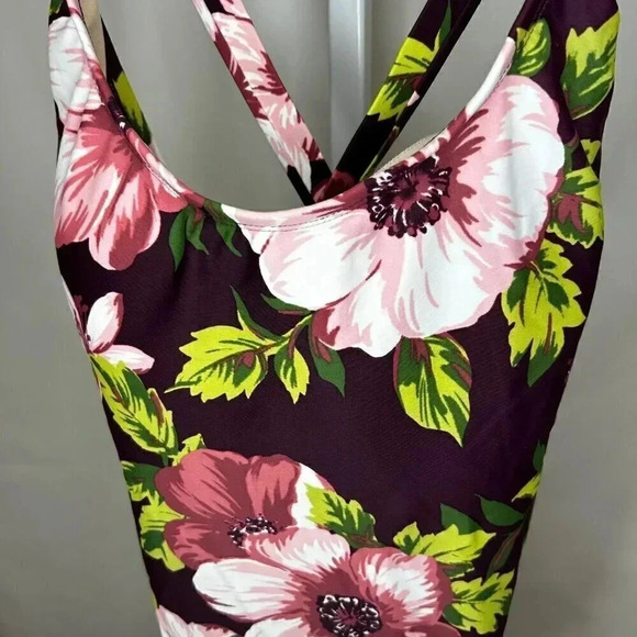 Kona Sol Size Large (12-14) Burgundy One Piece Swimsuit Beach Floral Tropical - Picture 3 of 9